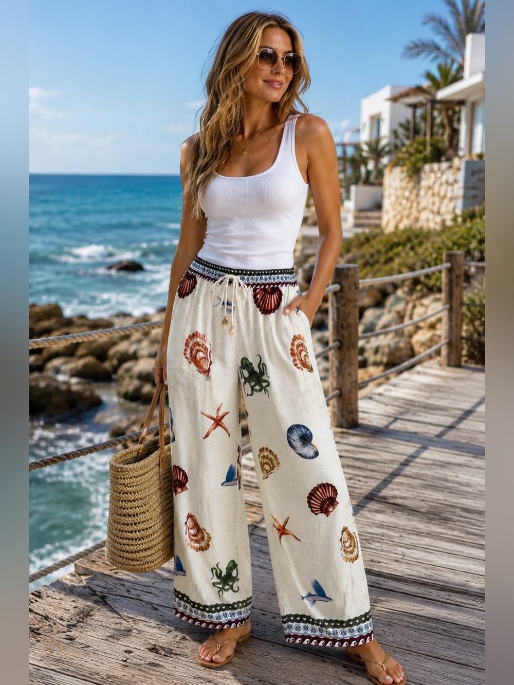 Calypso St. Barth XL Linen Blend Coastal Seashell Octopus Wide Leg Pants NWT